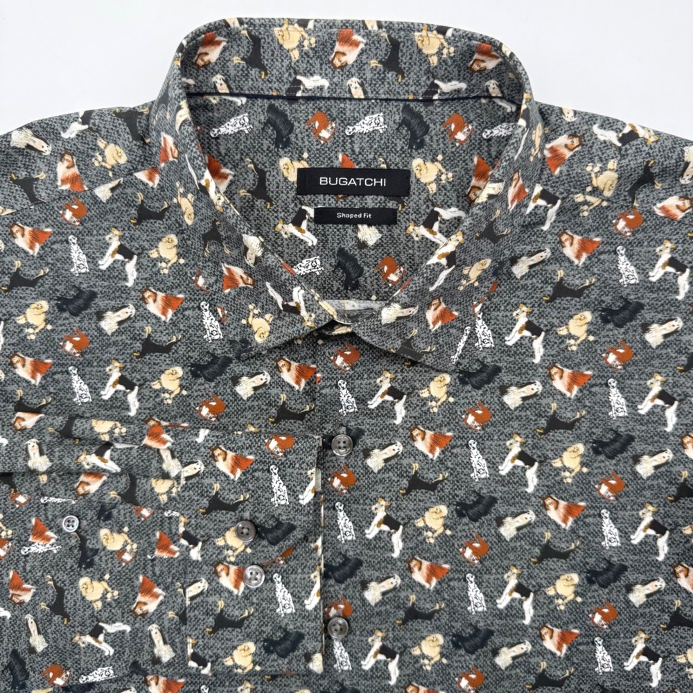 Bugatchi Button Down Men XL Grey Dog Breed Print Shaped‎ Fit Long Sleeve Shirt